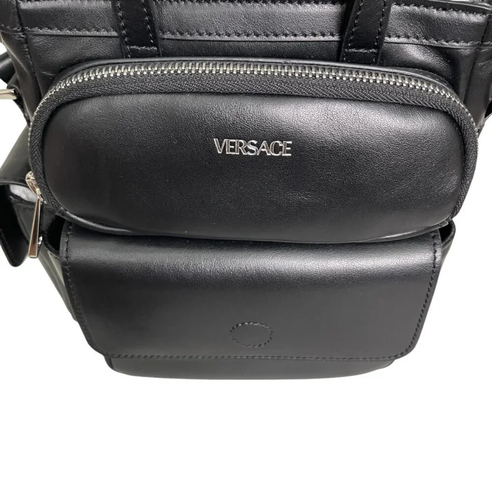 Versace Black Men's Leather multi-compartment messenger shoulder bag‎ 1012234